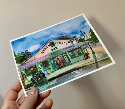 Green Parrot Bar Watercolor Print - 5x7 Key West Florida Keys Beach House Art Gift
