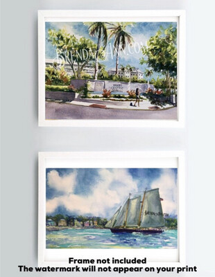 Hyatt Centric Resort Watercolor Print - Key West Florida Keys Beach House Art Gift and matching schooner print