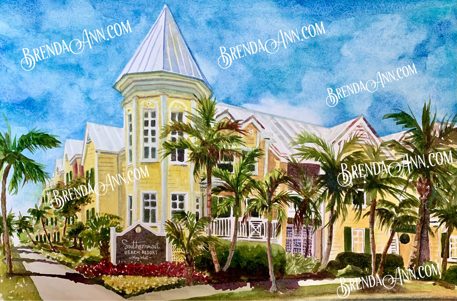 Southernmost Beach Resort Watercolor Print - Key West Florida Keys Art