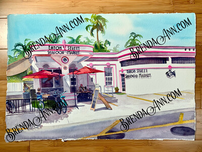 Eaton Street Seafood Market Watercolor Painting - Key West Florida UNFRAMED ORIGINAL Wall Art