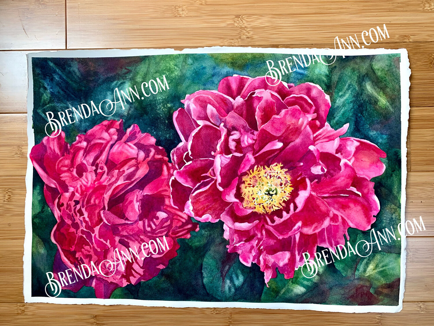 two pink peonies on a green leaf background - Pink Peony Watercolor Painting - Botanical Floral UNFRAMED ORIGINAL Wall Art