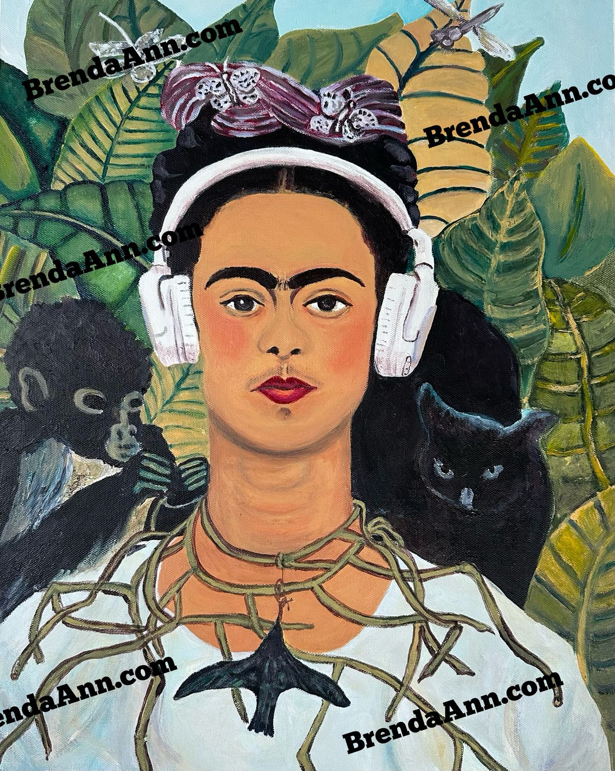 Modern Frida Print - Cat, Monkey, and Tropical Plants