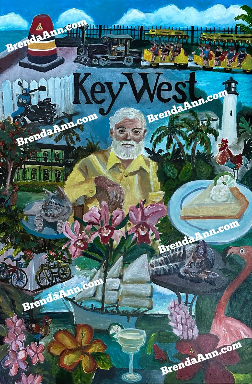Key West Poster Style Fine Art - featuring Ernest Hemingway, his home and cats, key lime pie, a flamingo, Conch Tour Train