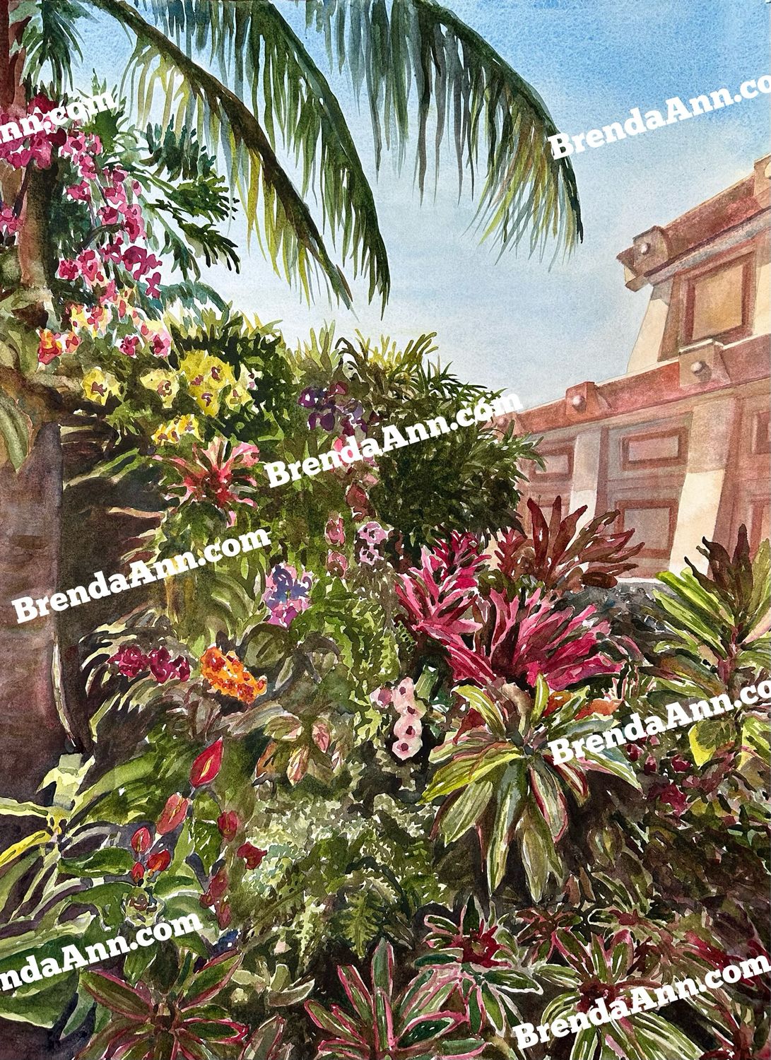 EPCOT Mexico Pavilion Watercolor Painting - Botanical Orchid Floral UNFRAMED ORIGINAL Wall Art