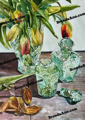 Tulips in Crystal Vase Watercolor Painting - Botanical Floral UNFRAMED ORIGINAL Wall Art