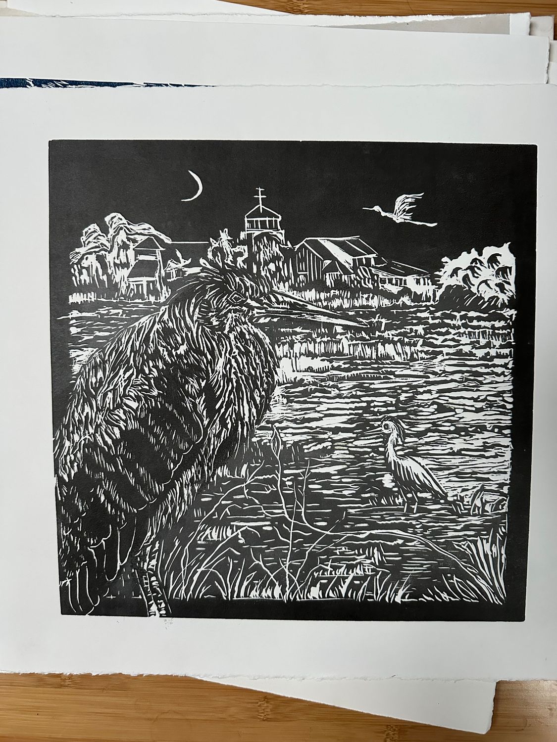 Wetlands Institute Print - Linocut Printmaking Wall Art 12x12 Inch with Border - Unframed