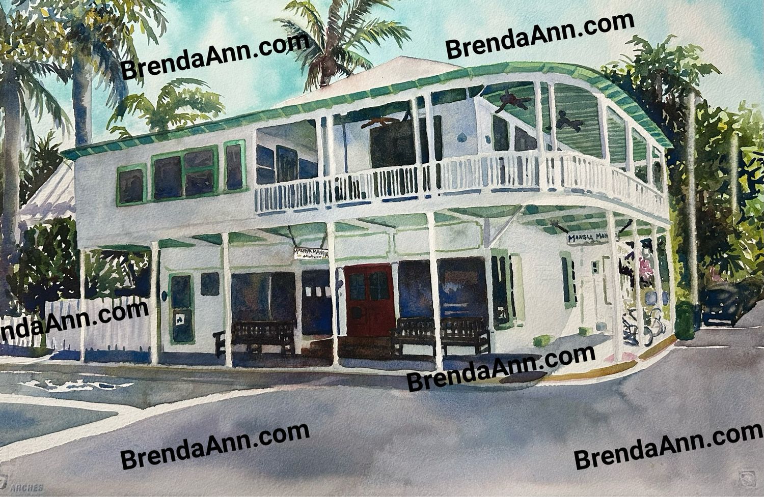 Mangia Mangia Italian Restaurant Watercolor Print - Key West Florida Keys Beach House Art Gift