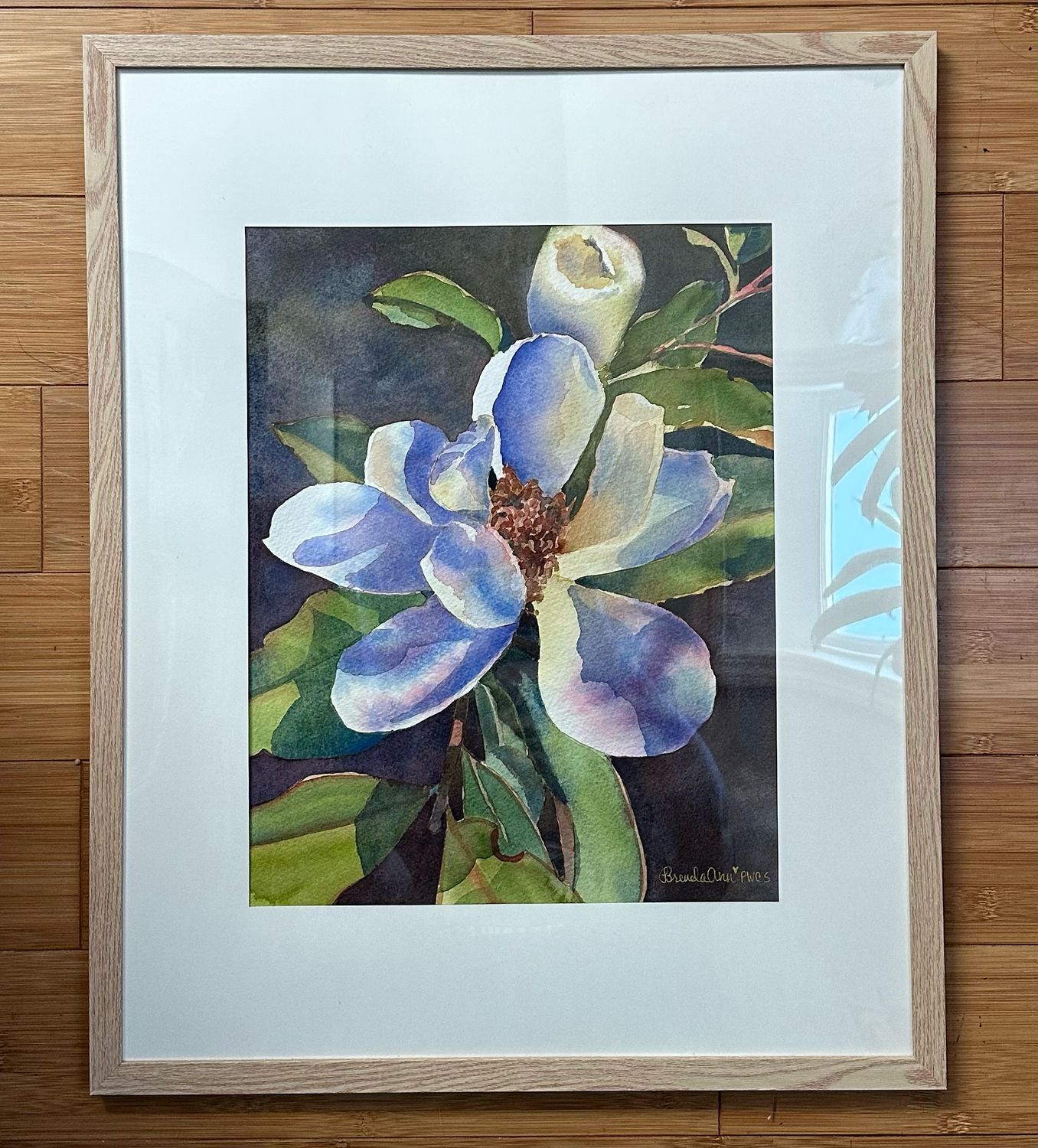 Midnight Blue Magnolias Watercolor Painting - Botanical Floral FRAMED ORIGINAL Wall Art