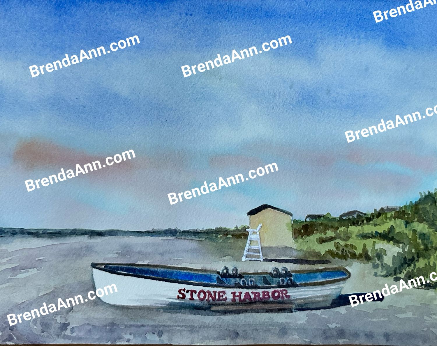 Lifeguard Boat Watercolor Print - Stone Harbor NJ Beach House Art Gift