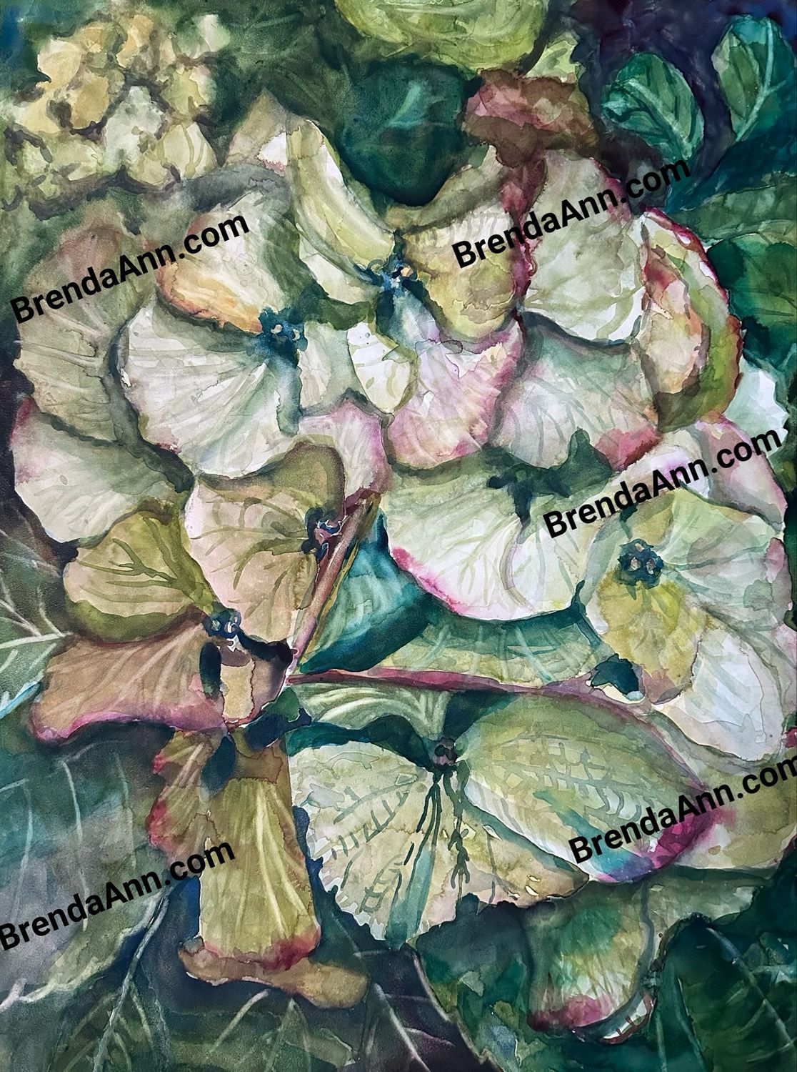 Into the Olive Green Hydrangeas — Original Watercolor Painting on Museum-Grade Cradled Board