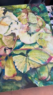 Into the Olive Green Hydrangeas — Original Watercolor Painting on Museum-Grade Cradled Board