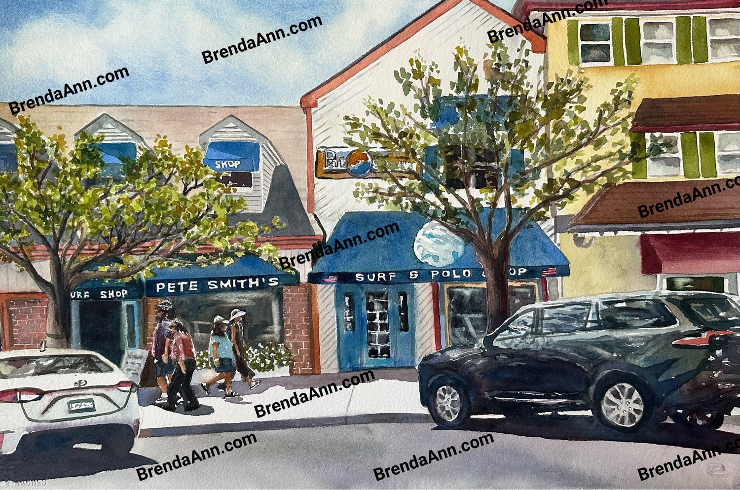 Pete Smith's Surf Shop Stone Harbor NJ watercolor art print by Brenda Ann, featuring the iconic downtown surf shop on 96th St
