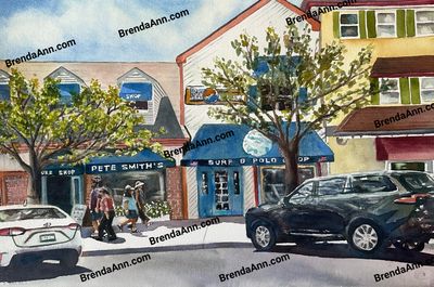 Original watercolor painting of Pete Smith's Surf Shop on 96th Street in downtown Stone Harbor, New Jersey, by artist Brenda 
