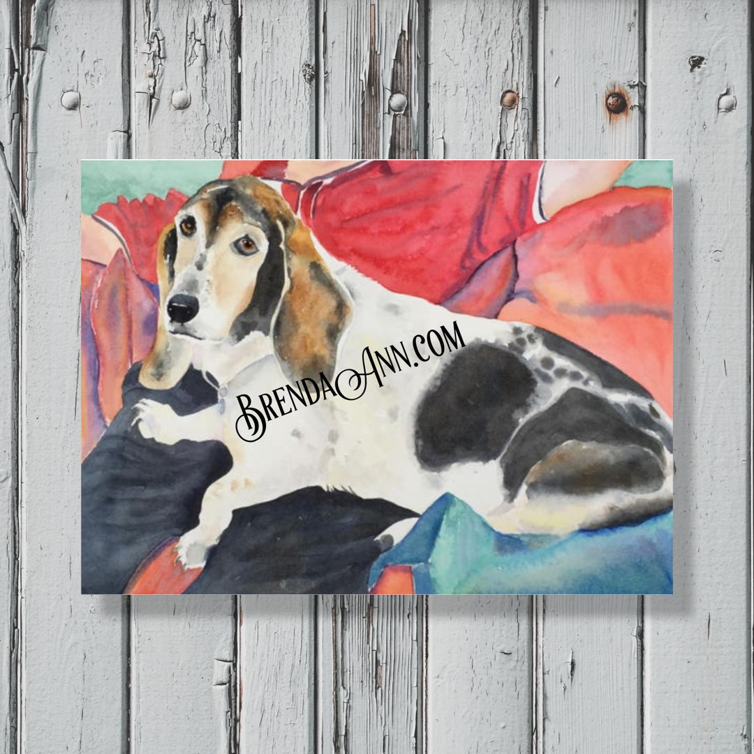 Custom hand-painted watercolor pet portrait created from a photograph by artist Brenda Ann.