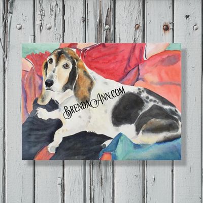 Custom hand-painted watercolor pet portrait created from a photograph by artist Brenda Ann.