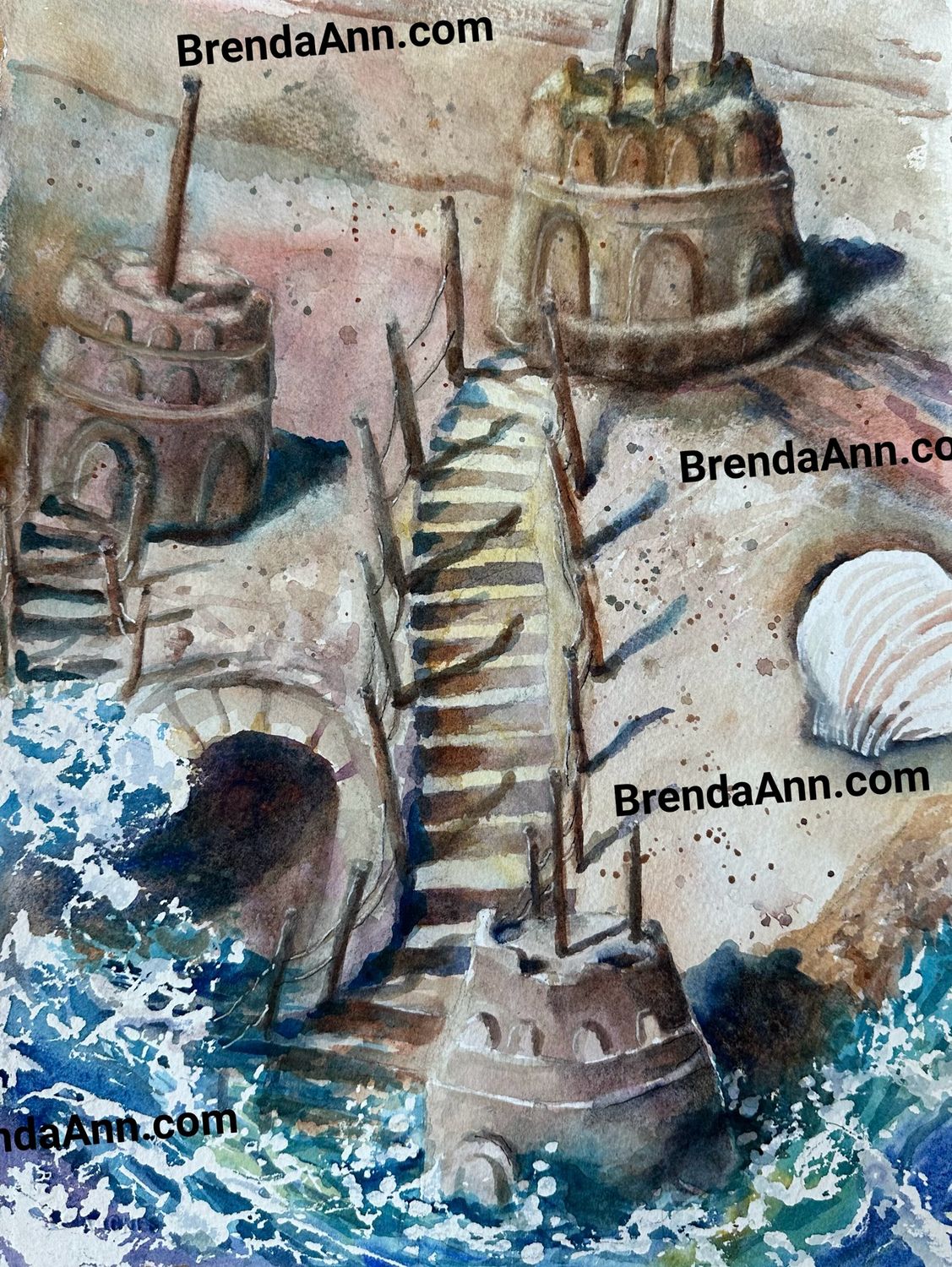 What the Tide Takes – Sandcastle Watercolor Print | Stone Harbor NJ Jersey Shore Art A watercolor print featuring a set of three sandcastles on the beach with a staircase leading down to the turquoise water