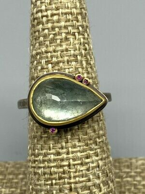 Sz 7 Rose Cut Moss Aquamarine Ring, 3 Pink Sapphires, 22k Bezel and Sterling Silver - Ananda Khalsa - Florence MA