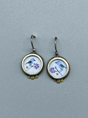 Hand Painted Bluebird Earrings w/22k Gold Accents & Sterling Silver - Ananda Khalsa - Northampton MA