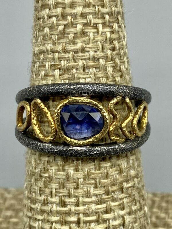 Sz 7 OAK Free Form Sapphire (.72 ct) Slice Ring, 18k and s/s - Ring - Rona Fisher Philadelphia PA 