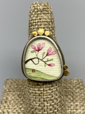 Hand Painted Magnolia Ring w/ 22k Gold Accents, Sterling Silver, Brushed s/s Band -  Ananda Khalsa, Northampton