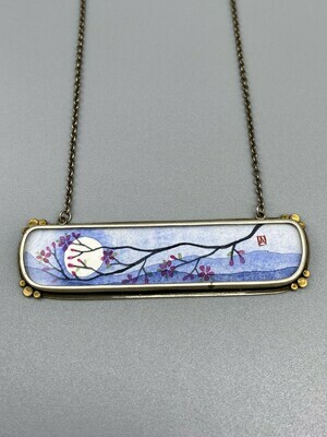Hand-Painted Plum Blossom w/Moon on  Sterling Silver Chain w/22k Gold Accents - Ananda Khalsa, Northampton MA