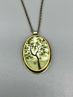 Hand Painted Spring Maple Oval Necklace, 22k Bezel and Sterling Silver  - Ananda Khalsa - Northampton MA