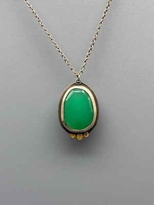 Rose Cut Chrysoprase Necklace w/ 22k Dots and Sterling Silver Bezel and Chain - Ananda Khalsa - Northampton MA