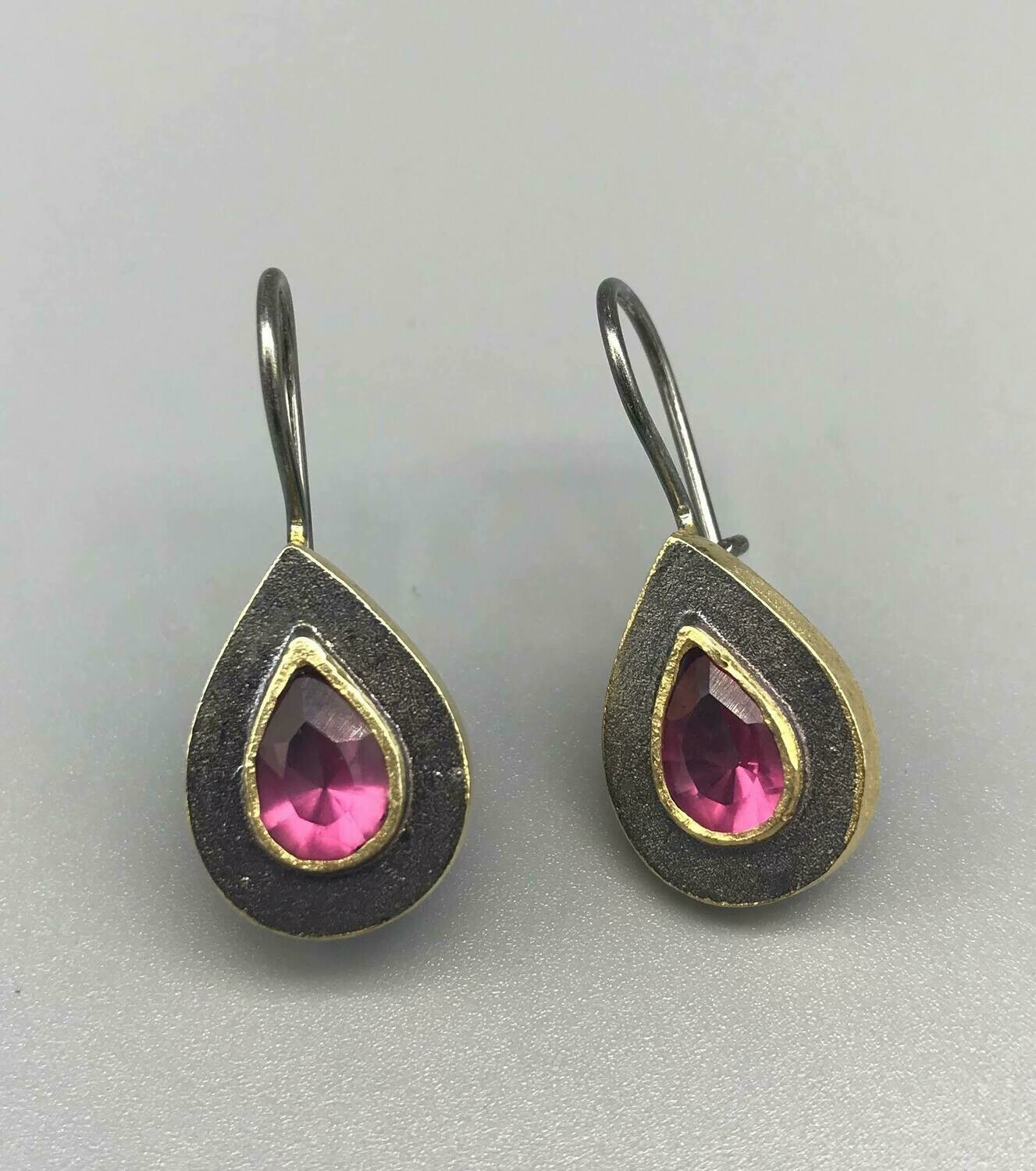 Pink Quartz, Sterling Silver and Gold Vermeil Earrings - Tashka - Englewood Cliffs NJ 