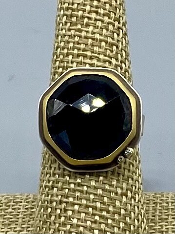 Rose Cut Black Spinel Ring, 22k Bezel, Diamond Accents & Sterling Silver Band -   Ananda Khalsa, Northampton MA