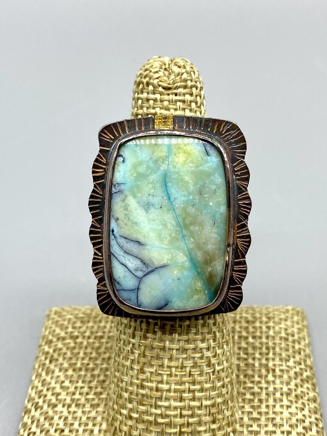 Size 7, Blue Opal Petrified Wood Ring, 22k Gold Accents, s/s Band - Julie Shaw - Cocoa FL 