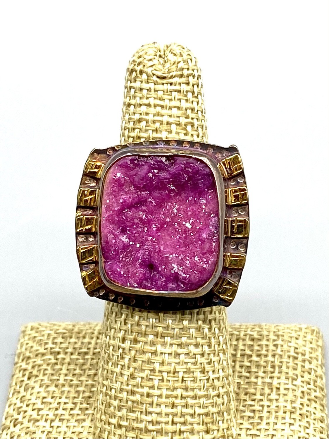 Size 7 1/2, Cobalto Calcite Druzy Ring, 22k Gold Accents and s/s Ring
