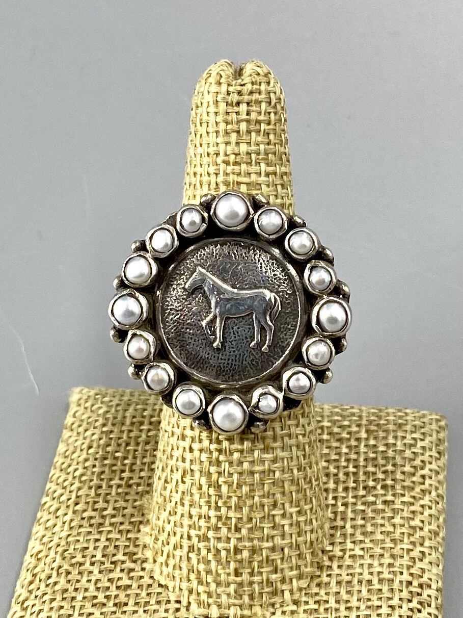 Size 7.5, Sterling Silver Equestrian Ring w/Pearl Halo  - Margaret Thurman 