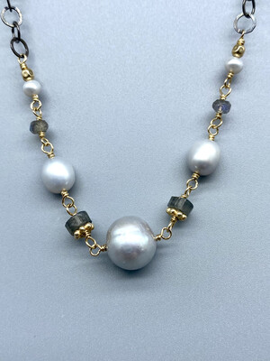 N416 Silver Pearls w/Labradorite Necklace s/s and 14k V -  Calliope - Seattle WA
