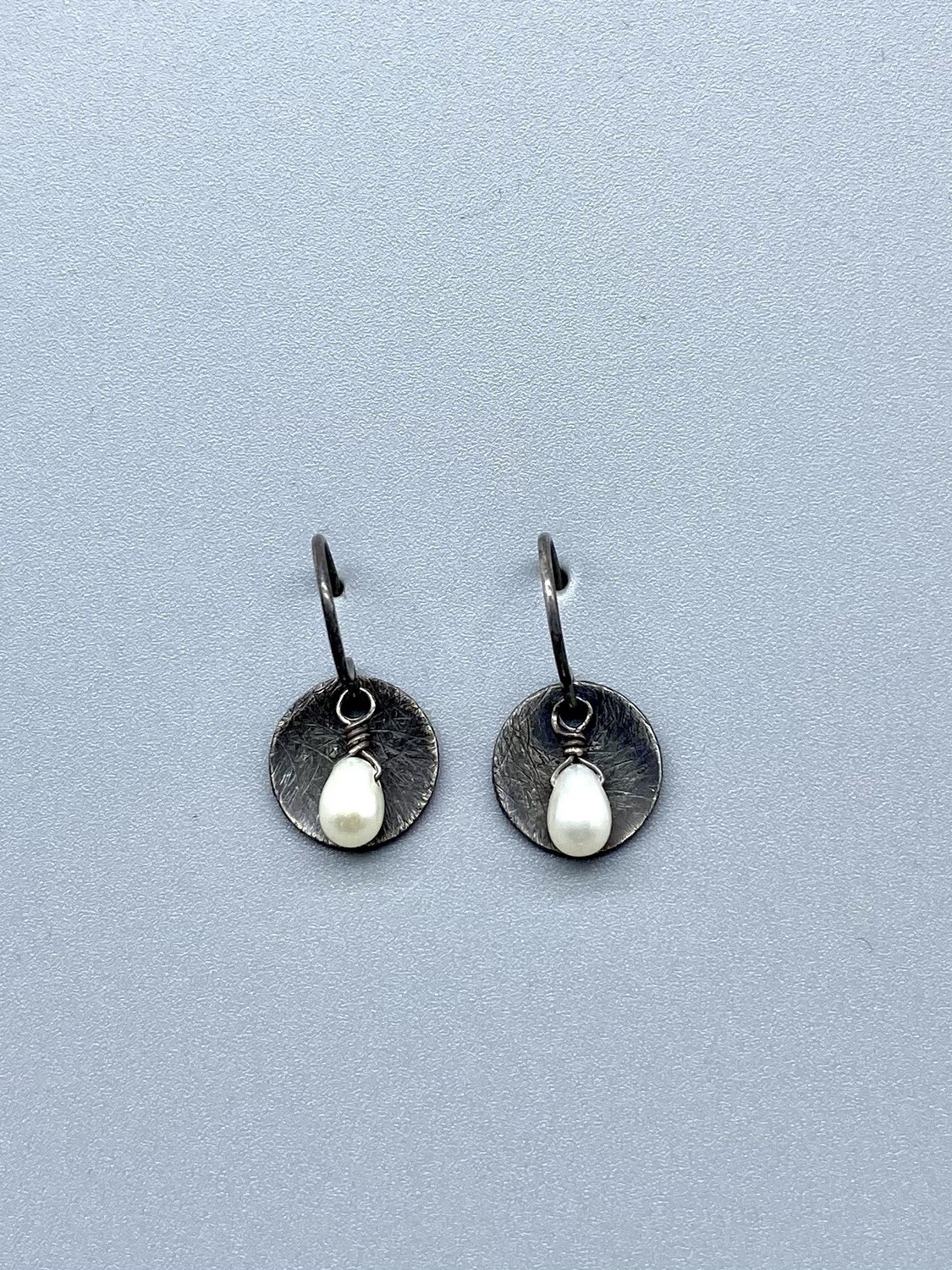 Pearl on Simple Oxidized Sterling Silver Cup Earrings - Calliope - Seattle WA