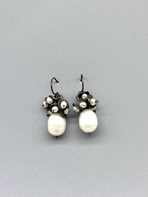 E647 Large Pearl w/Pearl Cluster Earrings, s/s & Vermeil -  Calliope - Seattle WA 