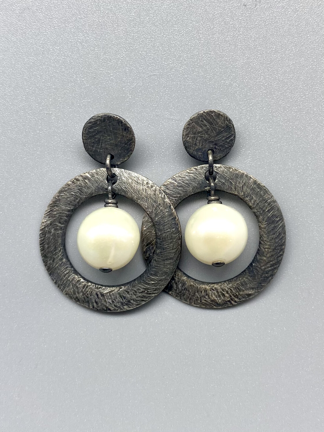 Oxidized Sterling Silver Carved Circle Pearl Dangle Earrings - Heather Guidero - Providence, RI