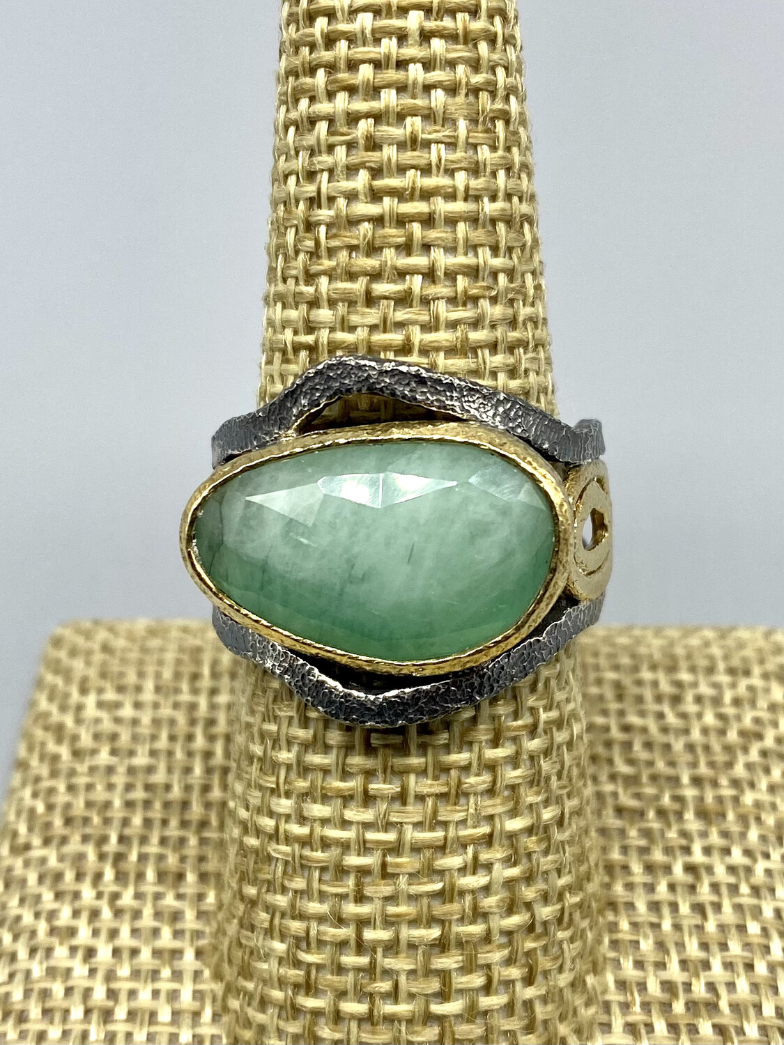 Sz 8 Free Form Milky Emerald set in Oxy SS and 18k Yellow Gold - Rona Fisher, Phila PA