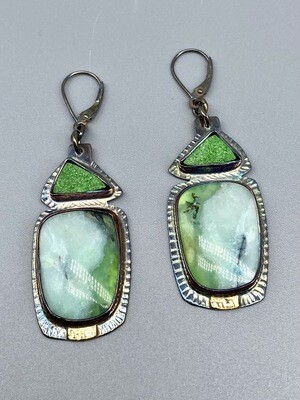 Uvarovite & Blue Opal Petrified Wood Earrings,  22k Accent, SS, Julie Shaw, Cocoa FL