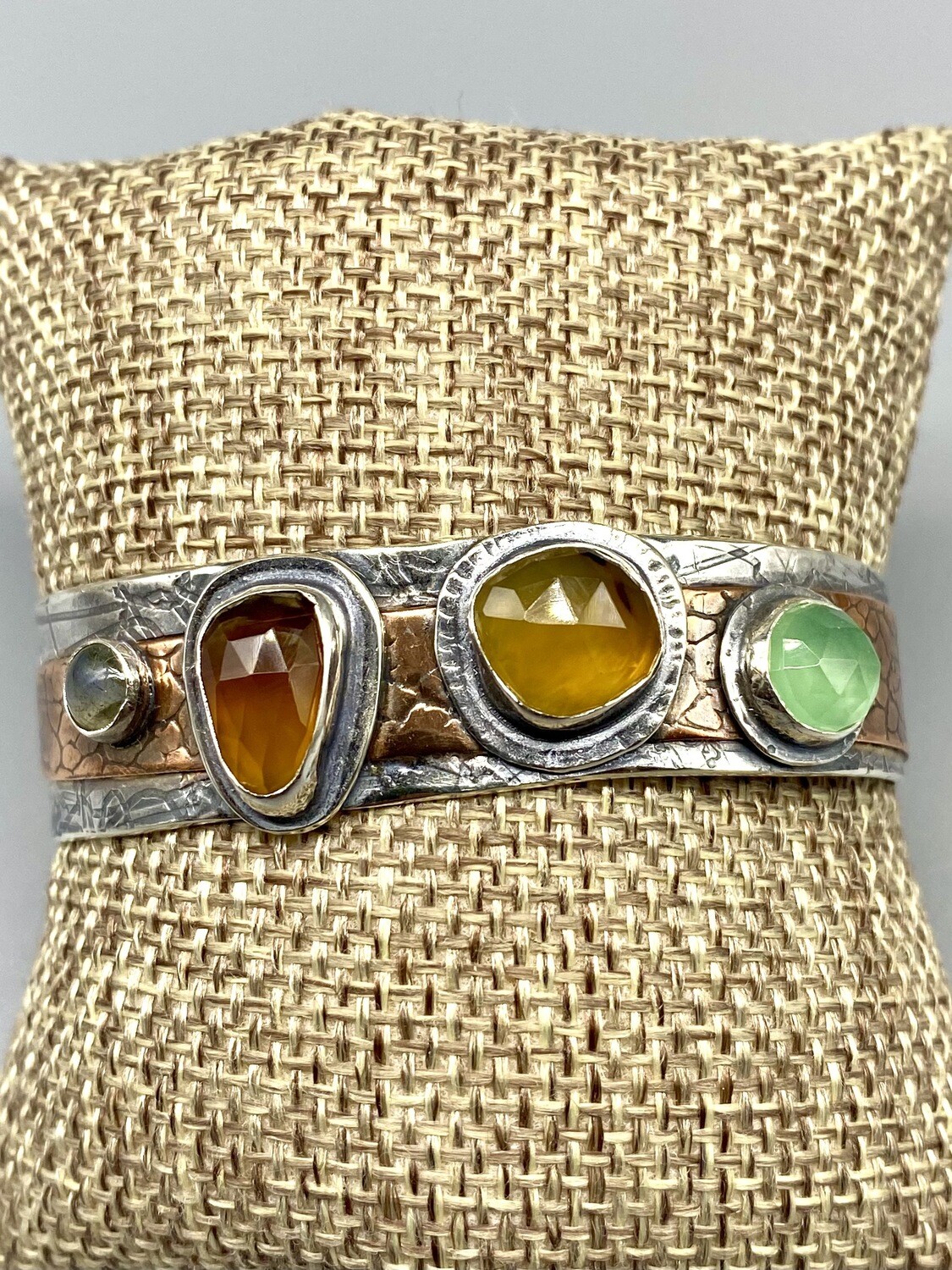 Lime Chalcedony, Labradorite, Montana Agate, Textured Copper, Oxidized Sterling Silver Cuff, Olga Ganoudis, Wilmington DE