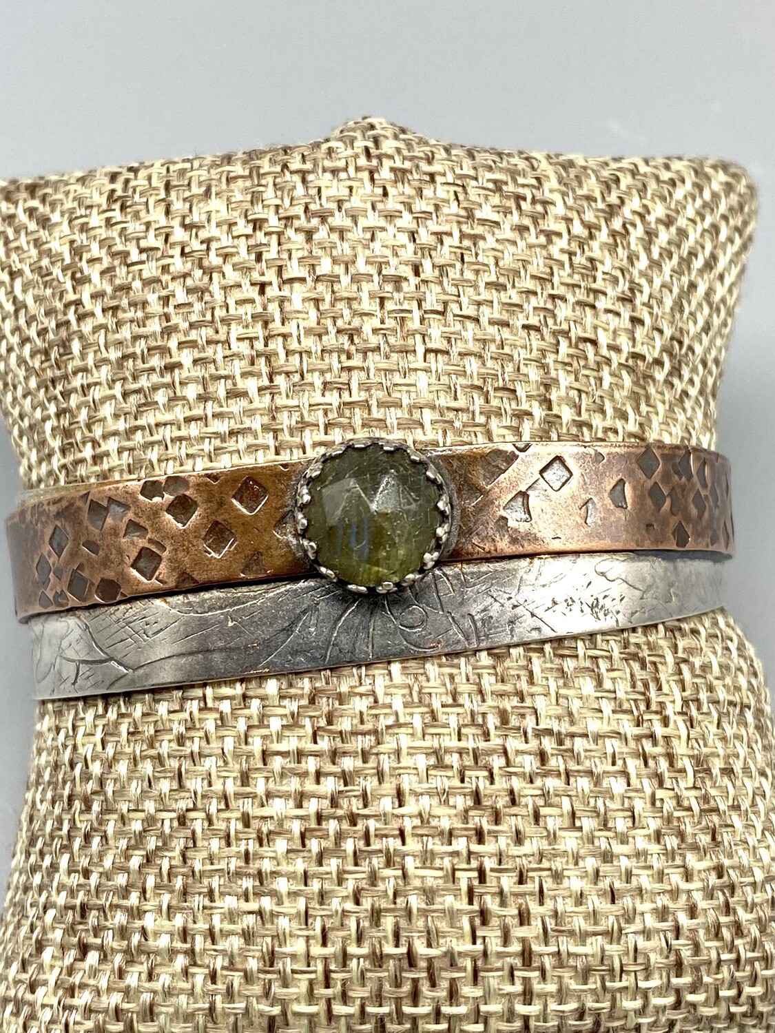 Labradorite, Textured Copper, Oxidized Sterling Silver Cuff, Olga Ganoudis, Wilmington DE