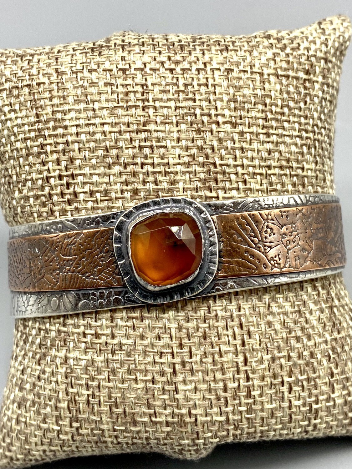 Rose Cut Montana Agate, Textured Copper and Oxidized Sterling Silver Cuff, Olga Ganoudis, Wilmington DE