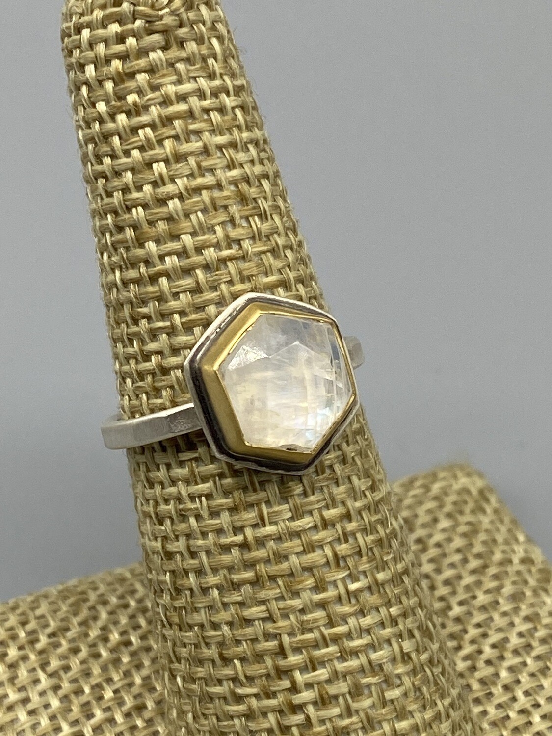 Sz 7 Hexagon Moonstone Ring, 22k Bezel - Ananda Khalsa - Florence MA 