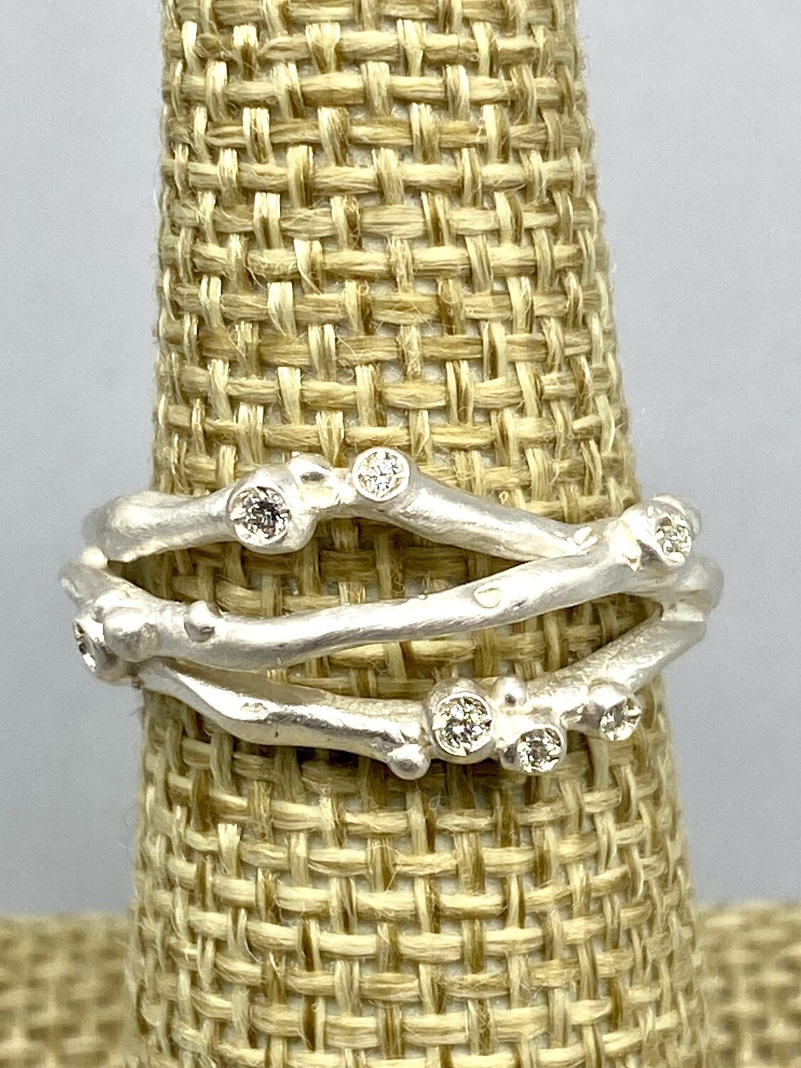 Sz 7 Encrusted 3 Branch Ring w/Diamonds, Sterling Silver - Branch Jewelry - Venice CA