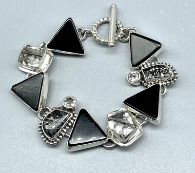 Onyx Triangle, Tourmilated Quartz, White Topaz  Bracelet