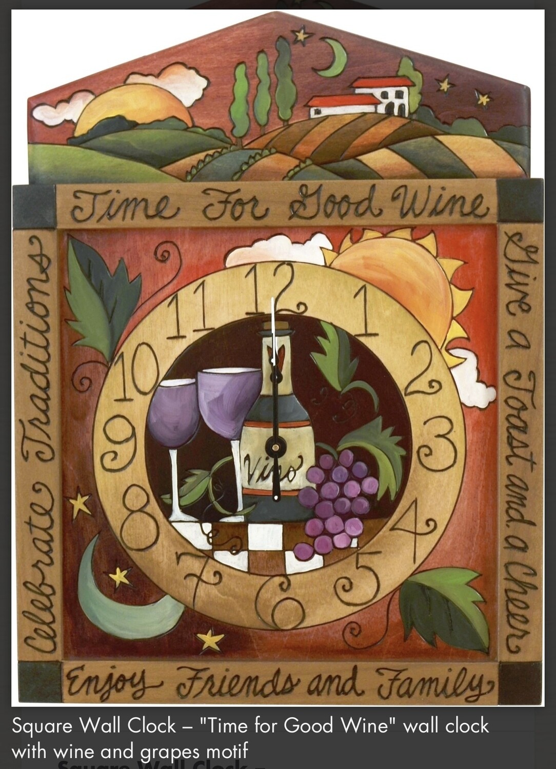 Vino Hand Painted/Carved Wood Clock - Approx 16