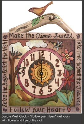 Red Bird Hand Painted/Carved Wood Clock - Approx 16