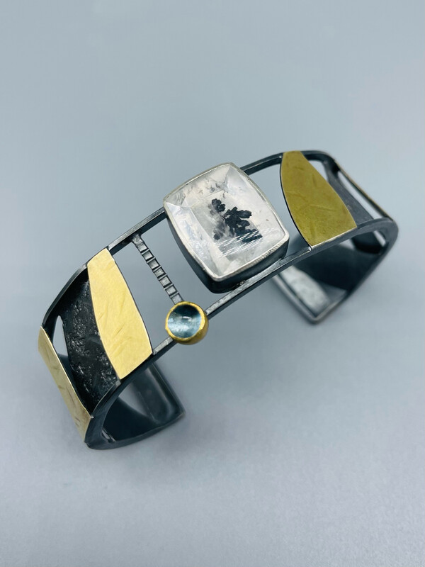 Dendritic Quartz Cuff 18 & 22k & SS w/Aquamarine - Tammy B Jewelry, Lincoln NE