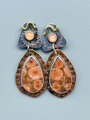 Birds Eye Rhyolite/Peach Moonstone Earrings - Sterling Silver - Angela Duffin Haverton PA   