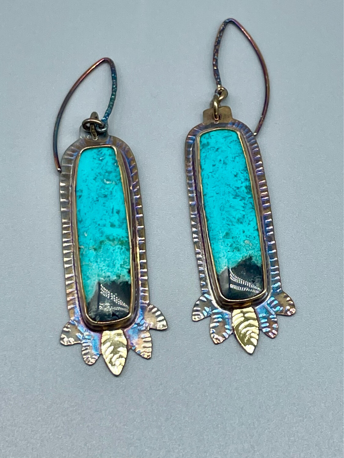 Volcanic Blue Opal Petrified Wood Earrings -18k& SS - Julie Shaw, Cocoa FL