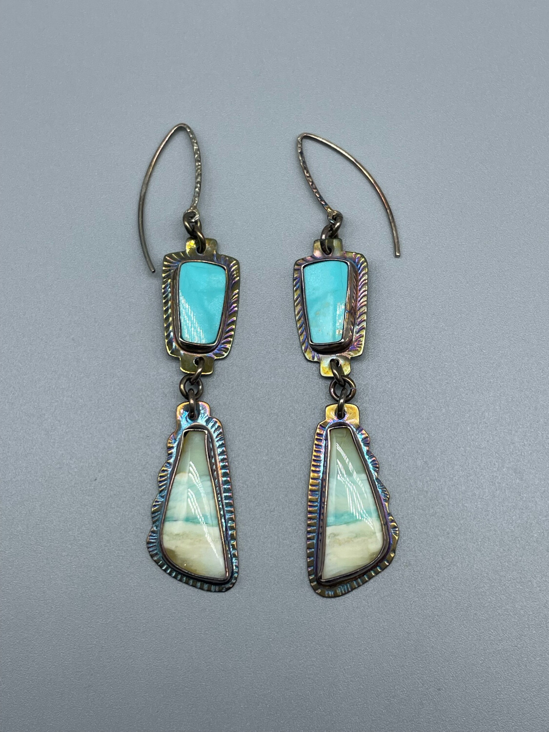 Turquoise and Blue Opal Petrified Wood Earrings